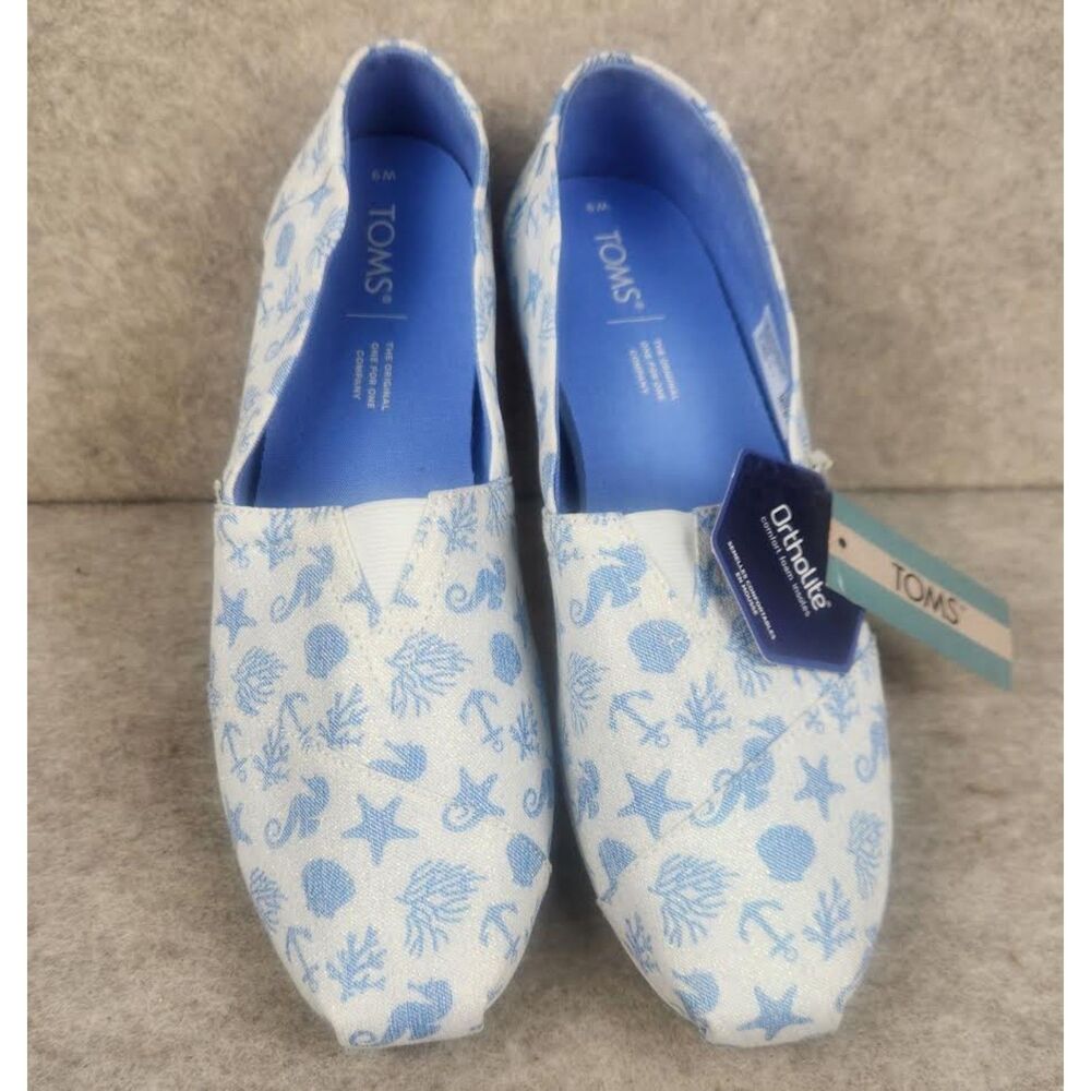 New Tom's BOBS OrthoLite Women's Blue/White Loafers Size 9 Nautical Beach